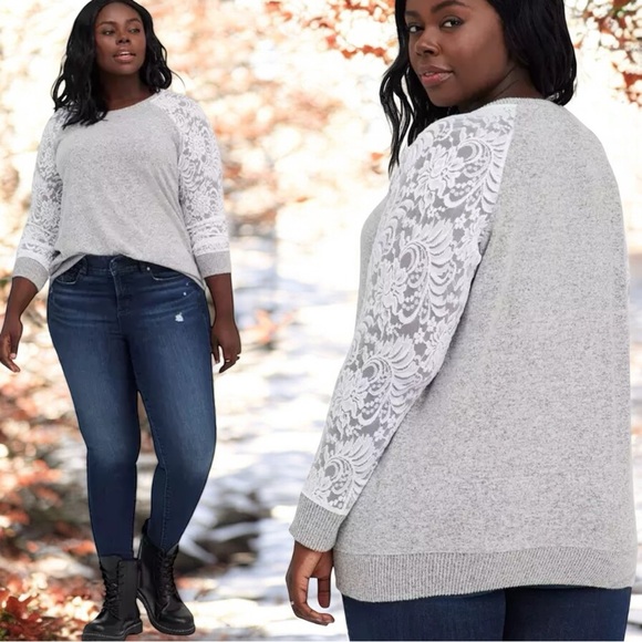 Torrid Heather Gray Super Soft Plush Lace Sleeve Raglan Sweatshirt Size 2 2XL - Picture 2 of 16